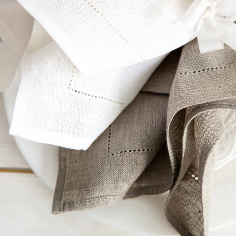 Linen Napkin Set - 6 조각 흰색 Hemstitch 냅킨 칵테일
