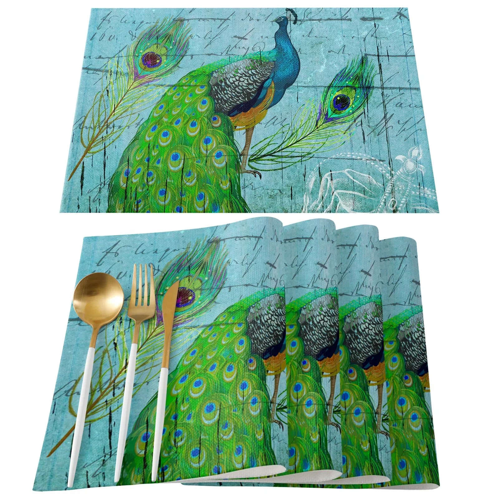 공작 깃털 아트 프린트 린넨 테이블 매트, 홈 파티 장 - Linen Napkin Set 리뷰 및 가격